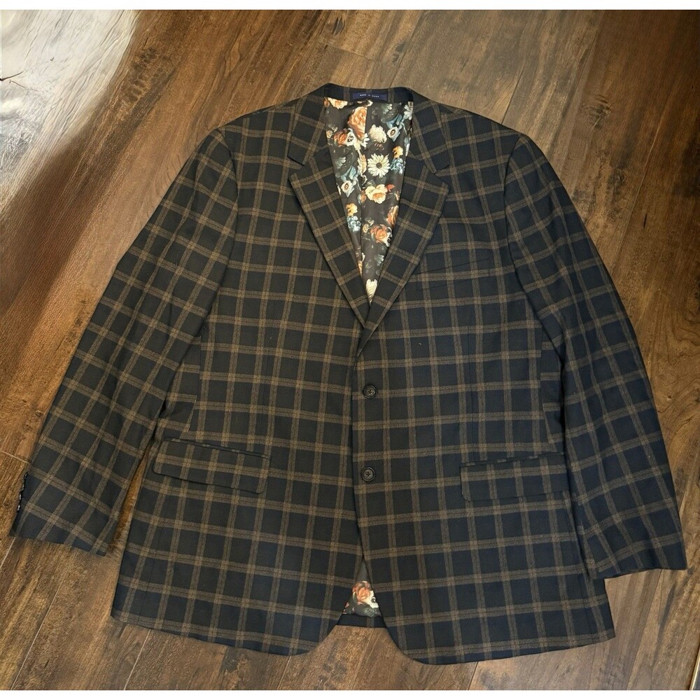 Alan Flusser Blue Plaid Blazer Men's Large Floral Lining W/ Pocket Square